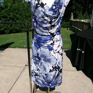 NWOT RONNI NICOLE BLUE&WHITE PRINT DIP KNIT DRESS 16